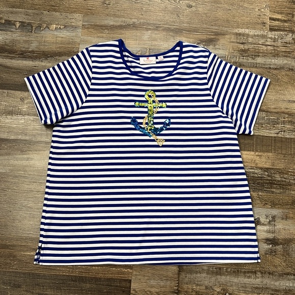 Quacker Factory Blue Stripe Sequin Anchor T-shirt Nautical Sailor Sz XL Cruise - Picture 6 of 13